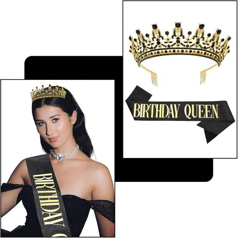 Black Gold Birthday Queen Crown and Sash for Women Birthday Crowns Decorations Tiara and Sash for Women Princess Tiara with Comb Princess Crown Girl Tiara Party for Girls in Kuwait
