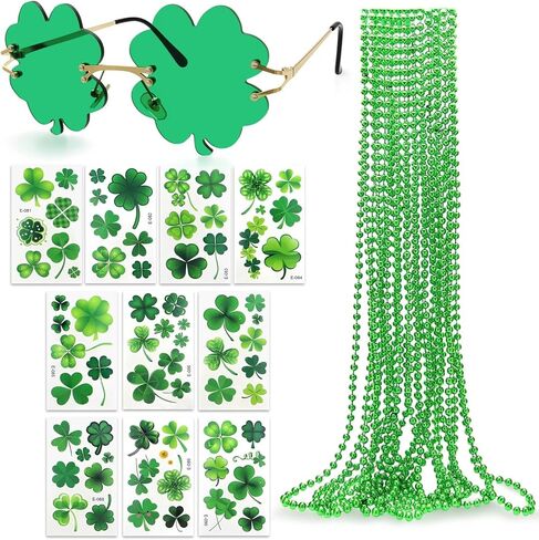 14 Pcs St. Patricks Day Accessories Costume Sets Women Shamrock Glasses Beads Necklaces Clover Earrings Tattoos in Saudi Arabia