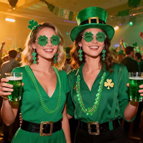 14 Pcs St. Patricks Day Accessories Costume Sets Women Shamrock Glasses Beads Necklaces Clover Earrings Tattoos in Saudi Arabia
