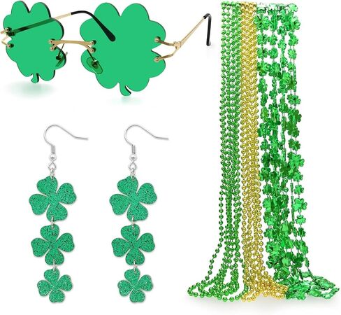 14 Pcs St. Patricks Day Accessories Costume Sets Women Shamrock Glasses Beads Necklaces Clover Earrings Tattoos in Saudi Arabia