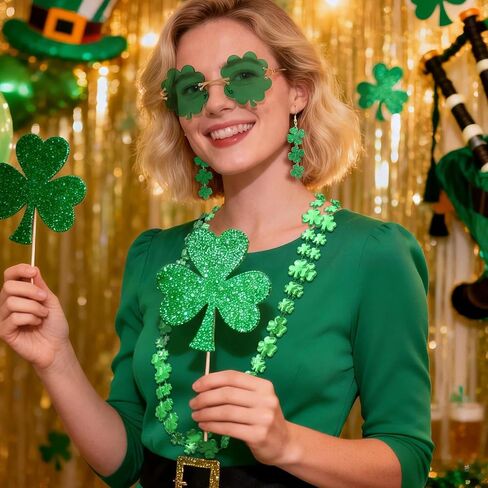 14 Pcs St. Patricks Day Accessories Costume Sets Women Shamrock Glasses Beads Necklaces Clover Earrings Tattoos in Saudi Arabia
