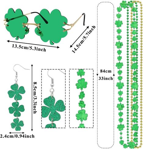 14 Pcs St. Patricks Day Accessories Costume Sets Women Shamrock Glasses Beads Necklaces Clover Earrings Tattoos in Saudi Arabia