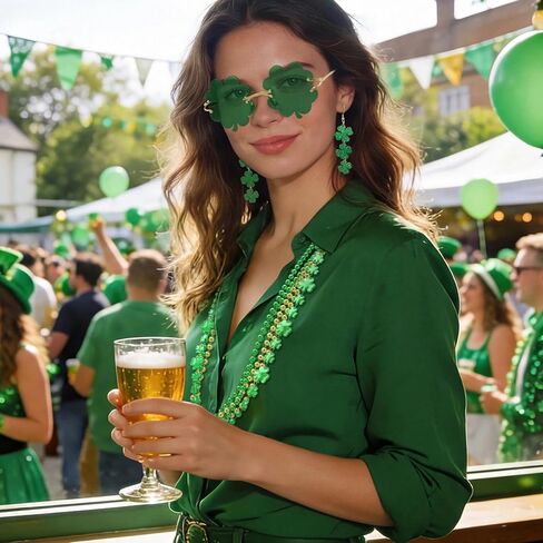 14 Pcs St. Patricks Day Accessories Costume Sets Women Shamrock Glasses Beads Necklaces Clover Earrings Tattoos in Saudi Arabia