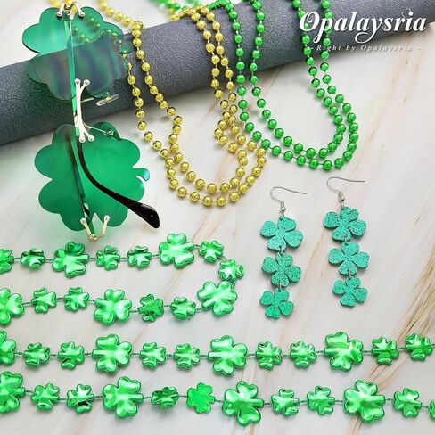 14 Pcs St. Patricks Day Accessories Costume Sets Women Shamrock Glasses Beads Necklaces Clover Earrings Tattoos in Saudi Arabia