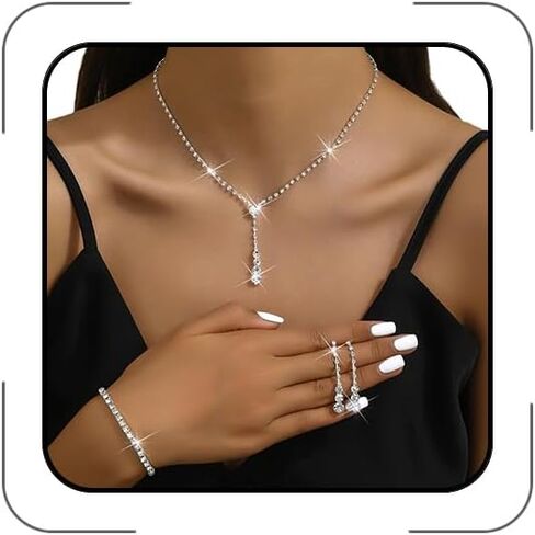 Silver Jewelry Set for Prom,Silver Necklace Earrings Bracelet Crystal Bridal Wedding Prom Dresses Costume Jewelry Accessories Rhinestone Bridal Jewelry Set for Women in Kuwait