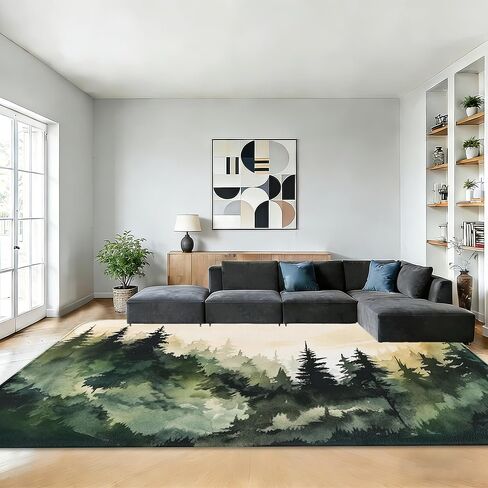 Mountain Forest Rug for Living Room 5x7,Watercolor Tree Machine Washable Area Rug Soft Stain Resistant Floor Large Carpet for Bedroom,Farmhouse,Dining Room,Kids Playroom in Kuwait