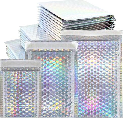 50 Pieces Metallic Bubble Mailers, Self-Seal Poly Padded Shipping Envelopes, Holographic Waterproof Bags for Mailing, Packing and Small Business Use in Kuwait