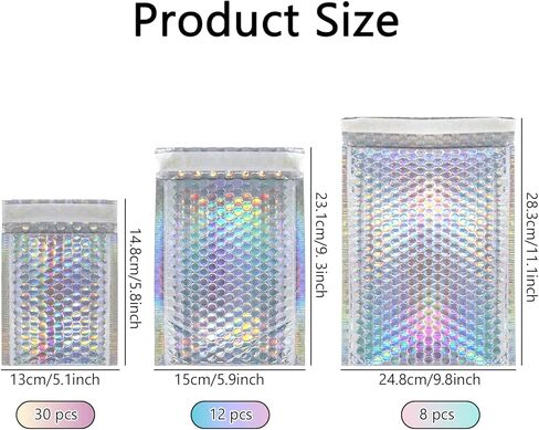 50 Pieces Metallic Bubble Mailers, Self-Seal Poly Padded Shipping Envelopes, Holographic Waterproof Bags for Mailing, Packing and Small Business Use in Kuwait