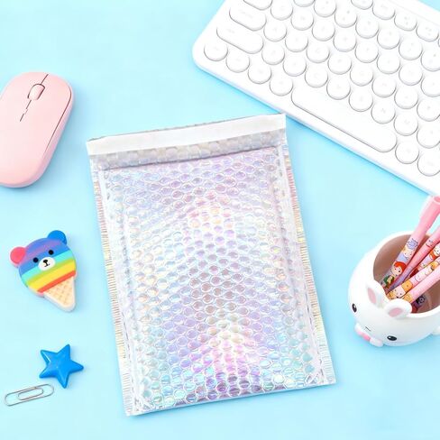 50 Pieces Metallic Bubble Mailers, Self-Seal Poly Padded Shipping Envelopes, Holographic Waterproof Bags for Mailing, Packing and Small Business Use in Kuwait