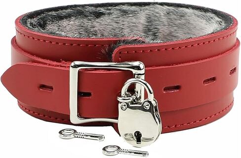 VP Leather Austin Latigo Leather Collar - Chinchilla Faux Fur Lined - Nickel-Plated Studs, Buckle & D-Ring - Lockable Buckle in Kuwait