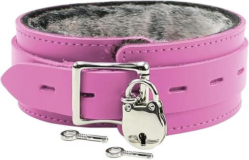 VP Leather Austin Latigo Leather Collar - Chinchilla Faux Fur Lined - Nickel-Plated Studs, Buckle & D-Ring - Lockable Buckle in Saudi Arabia