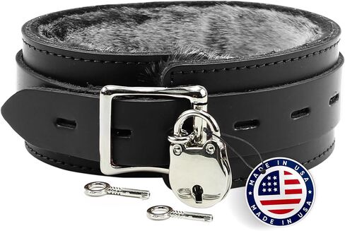 VP Leather Austin Latigo Leather Collar - Chinchilla Faux Fur Lined - Nickel-Plated Studs, Buckle & D-Ring - Lockable Buckle in Saudi Arabia