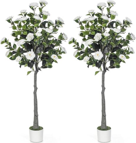 Jexine 2 Pack 60" Artificial Tree with Camellia, Fake Tree with 40 Blooming Flowers, Faux Flower Floral Plant in Cement Pot for Indoor Outdoor Office Home Porch Decor (White, 60") in Saudi Arabia