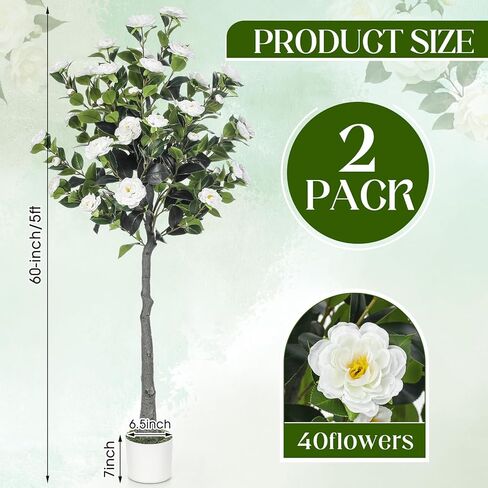 Jexine 2 Pack 60" Artificial Tree with Camellia, Fake Tree with 40 Blooming Flowers, Faux Flower Floral Plant in Cement Pot for Indoor Outdoor Office Home Porch Decor (White, 60") in Saudi Arabia