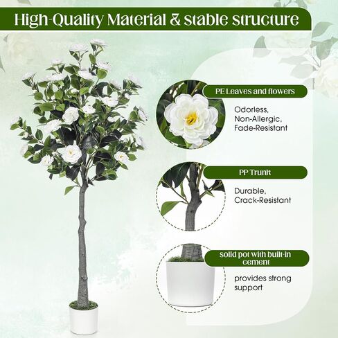 Jexine 2 Pack 60" Artificial Tree with Camellia, Fake Tree with 40 Blooming Flowers, Faux Flower Floral Plant in Cement Pot for Indoor Outdoor Office Home Porch Decor (White, 60") in Saudi Arabia