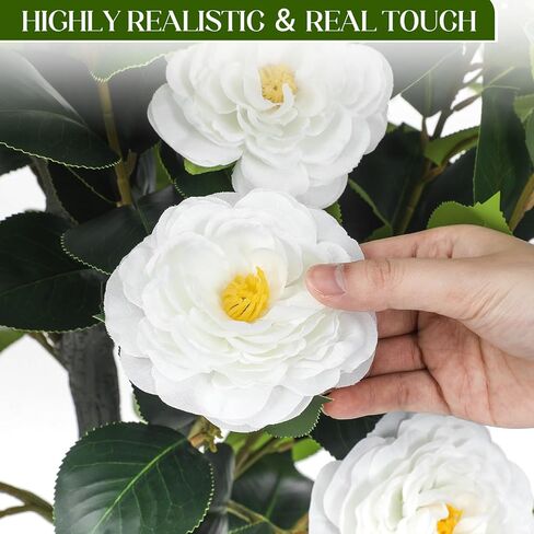 Jexine 2 Pack 60" Artificial Tree with Camellia, Fake Tree with 40 Blooming Flowers, Faux Flower Floral Plant in Cement Pot for Indoor Outdoor Office Home Porch Decor (White, 60") in Saudi Arabia