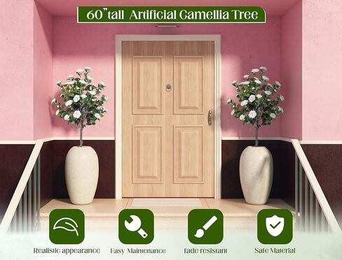 Jexine 2 Pack 60" Artificial Tree with Camellia, Fake Tree with 40 Blooming Flowers, Faux Flower Floral Plant in Cement Pot for Indoor Outdoor Office Home Porch Decor (White, 60") in Saudi Arabia