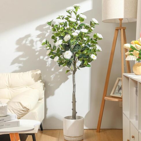 Jexine 2 Pack 60" Artificial Tree with Camellia, Fake Tree with 40 Blooming Flowers, Faux Flower Floral Plant in Cement Pot for Indoor Outdoor Office Home Porch Decor (White, 60") in Saudi Arabia