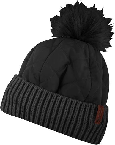 Collie Cuff Beanie Hat with Pom - Puffa Style, Sherpa Lining, Knit Cuff, Wind Resistant, for Women in Kuwait