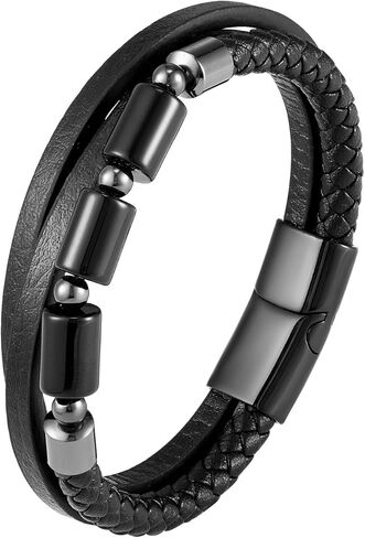 Mens Leather Braided Tiger Eye/Black Onyx Protection Healing Stone Bead Bracelet for Men Stainless Steel Clasp Cuff Bracelets Jewelry in Kuwait