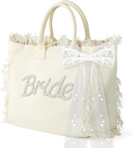 Bride Canvas Tote Bag - Large Bride To Be Handbag with Bow, White Fringe Beach Shopping Shoulder Totes, Bridal Shower Wedding Gift Bags for Honeymoon Engagement Bachelorette Party Supplies in Kuwait