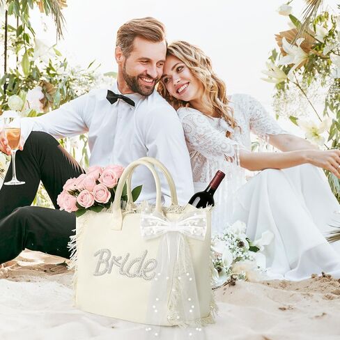 Bride Canvas Tote Bag - Large Bride To Be Handbag with Bow, White Fringe Beach Shopping Shoulder Totes, Bridal Shower Wedding Gift Bags for Honeymoon Engagement Bachelorette Party Supplies in Kuwait