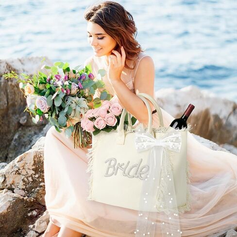Bride Canvas Tote Bag - Large Bride To Be Handbag with Bow, White Fringe Beach Shopping Shoulder Totes, Bridal Shower Wedding Gift Bags for Honeymoon Engagement Bachelorette Party Supplies in Kuwait