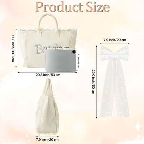 Bride Canvas Tote Bag - Large Bride To Be Handbag with Bow, White Fringe Beach Shopping Shoulder Totes, Bridal Shower Wedding Gift Bags for Honeymoon Engagement Bachelorette Party Supplies in Kuwait