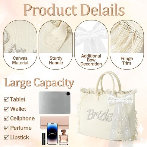 Bride Canvas Tote Bag - Large Bride To Be Handbag with Bow, White Fringe Beach Shopping Shoulder Totes, Bridal Shower Wedding Gift Bags for Honeymoon Engagement Bachelorette Party Supplies in Kuwait