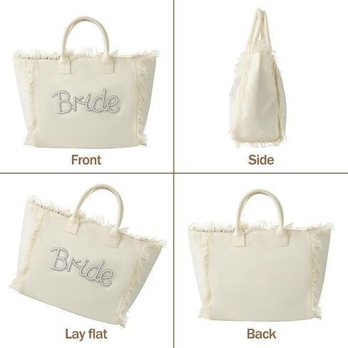 Bride Canvas Tote Bag - Large Bride To Be Handbag with Bow, White Fringe Beach Shopping Shoulder Totes, Bridal Shower Wedding Gift Bags for Honeymoon Engagement Bachelorette Party Supplies in Kuwait