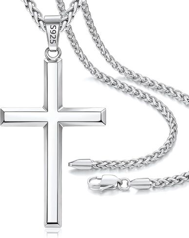 قلادة صليب من الفضة الاسترليني عيار 925 للرجال والأولاد، قلادة صليب من الفضة الاسترليني مطلية بالذهب عيار 14 قيراط مع قلادات سلسلة قمح من الفولاذ المقاوم للصدأ 3 مم 316L للرجال والأولاد والنساء 16-26 بوصة in Kuwait