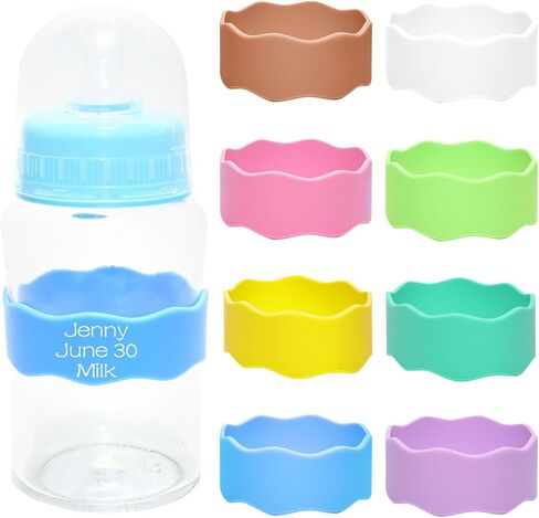 8 Piece Reusable Silicone Water Name Tag, Writable Anti-Slip Bottle Labels Daycare, Fits 7-9" Circumference for Kids Baby Bottles, Dishwasher Safe (8 Colors) in Kuwait