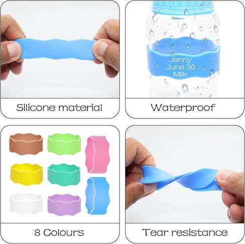 8 Piece Reusable Silicone Water Name Tag, Writable Anti-Slip Bottle Labels Daycare, Fits 7-9" Circumference for Kids Baby Bottles, Dishwasher Safe (8 Colors) in Kuwait