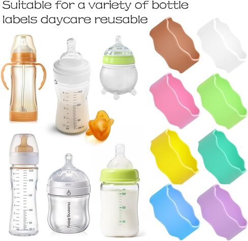 8 Piece Reusable Silicone Water Name Tag, Writable Anti-Slip Bottle Labels Daycare, Fits 7-9" Circumference for Kids Baby Bottles, Dishwasher Safe (8 Colors) in Kuwait