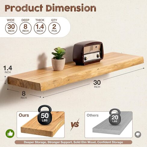 أرفف عائمة من فوتشينج لايف إيدج للجدار مقاس 30 بوصة، أرفف حائط عائمة من خشب الدردار الصلب بعمق 8 بوصات - أرفف خشبية ريفية مع أقواس غير مرئية لمطبخ غرفة المعيشة وغرفة النوم، عبوتان، طبيعية in Kuwait