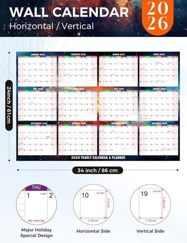 2026 Wall Calendar - 24" x 34" Dry Erase Calendar 12 Month Annual Full Yearly Wall Planner 2-Sided Horizontal/Vertical, Reversible (Starry Sky) in Kuwait