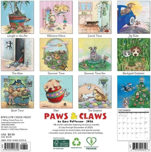 Willow Creek Press, Paws and Claws 2026 Mini Wall Calendar by Gary Patterson, 7'' X 7'', 18-Month Calendar with Stapled Binding in Saudi Arabia