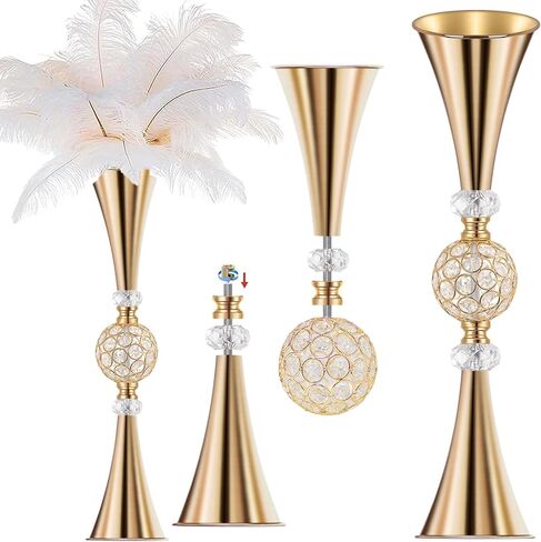 VIJIV Gold Crystal Flower Vases for Centerpieces Tables - Tall Trumpet Vase for Bouquet Decorative, Dining Table Décor Flower Stand with Ribbed Texture for Events, Bridal Showers & Boho Weddings in Saudi Arabia