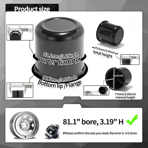 2Pcs 3.19inch Aluminum Trailer Wheel Center Cap Push Through 3.19" Bore 3.14" Tall Hub Cap for Truck SUV RV Wheel Rim, Glossy Black P605-5083B Wheel Cover in Kuwait