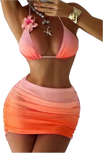 Milumia Women's 3 Piece 3D Floral Swimsuits Ombre Halter Triangle Bikini Set with Cover Up Skirt in Saudi Arabia