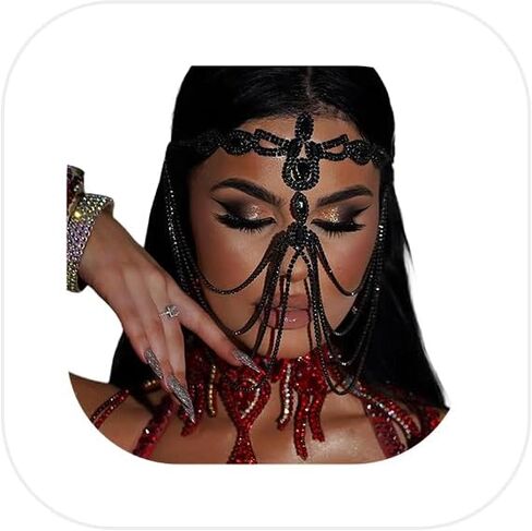 Black Rhinestone Multi-Layer Fringe Face Chain Mask for Women Masquerade Halloween Crystal Tassel Veil Face Accessories Jewelry Sexy Headchain Jewelry in Saudi Arabia