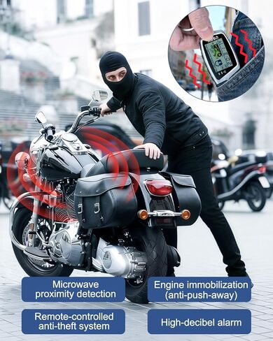 Motorcycle Alarm with 2-Way LCD Remote & Engine Cut Off - 12V DC Anti-Theft Security System, 115dB Siren, Waterproof Sensor, Remote Start for Motorcycle, Scooter, ATV in Kuwait