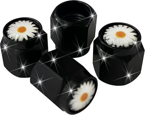 4 Pcs Daisy Flower Tire Valve Stem Caps Cover, Metal Black Air Valve Cap, Aluminum Car Wheel Stem Caps, Universal Stem Covers for Cars, Trucks, Bikes, Motorcycles, Bicycles, Corrosion Resistant in Saudi Arabia