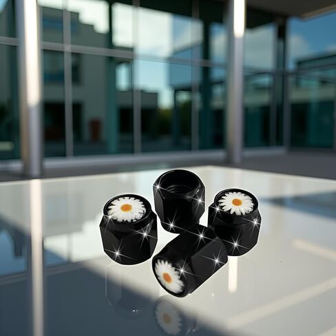 4 Pcs Daisy Flower Tire Valve Stem Caps Cover, Metal Black Air Valve Cap, Aluminum Car Wheel Stem Caps, Universal Stem Covers for Cars, Trucks, Bikes, Motorcycles, Bicycles, Corrosion Resistant in Saudi Arabia