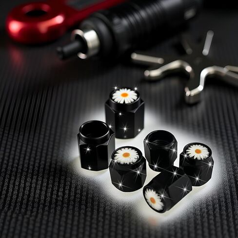 4 Pcs Daisy Flower Tire Valve Stem Caps Cover, Metal Black Air Valve Cap, Aluminum Car Wheel Stem Caps, Universal Stem Covers for Cars, Trucks, Bikes, Motorcycles, Bicycles, Corrosion Resistant in Saudi Arabia