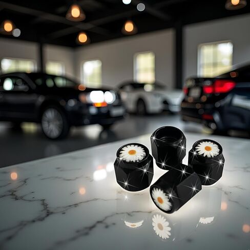 4 Pcs Daisy Flower Tire Valve Stem Caps Cover, Metal Black Air Valve Cap, Aluminum Car Wheel Stem Caps, Universal Stem Covers for Cars, Trucks, Bikes, Motorcycles, Bicycles, Corrosion Resistant in Saudi Arabia