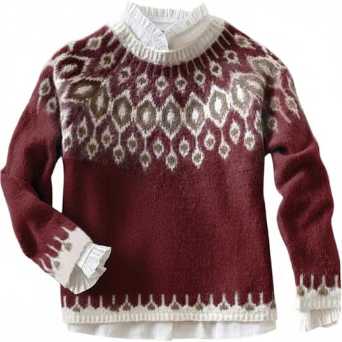 Women's Fair Isle Sweater Crewneck Knit Pullover Sweaters Knit Tops Vintage Fall Outfits in Saudi Arabia