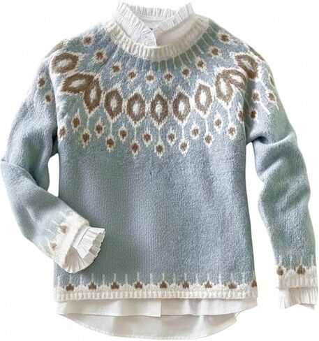 Women's Fair Isle Sweater Crewneck Knit Pullover Sweaters Knit Tops Vintage Fall Outfits in Saudi Arabia