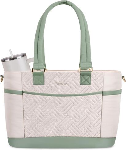 MOSISO Laptop Tote Bag for Women, Puffy Lightweight Work Tote Bag with Laptop Compartment&Trolley Belt, 15.6 inch Large Capacity Handbag Shoulder Bags for College Teacher Work Office Nurse,Beige&Green in Saudi Arabia