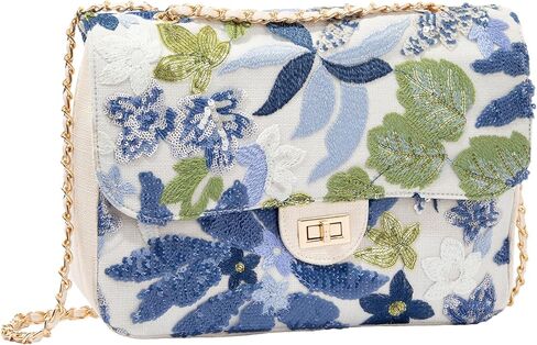 Linen Sequin Embroidered Floral Shoulder Bag with Turn-Lock Flap for Wedding Party in Kuwait
